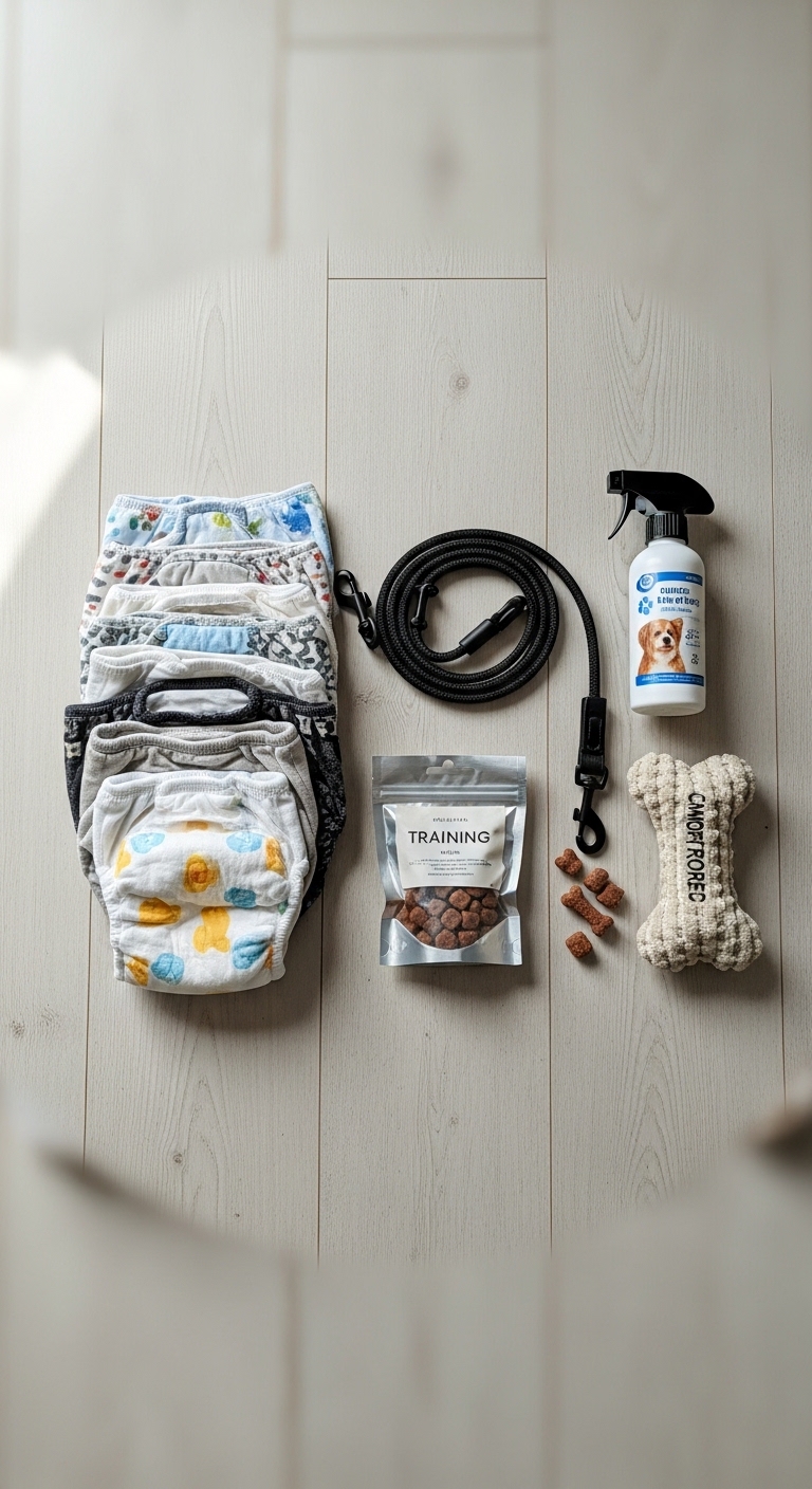 A dog training kit with a leash, training bag, and dog food.