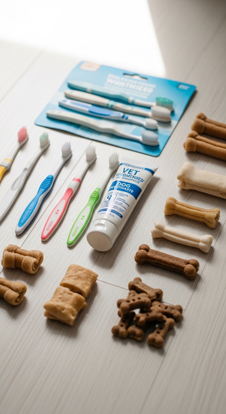 A toothbrush and toothpaste are on a table next to a dog bone.