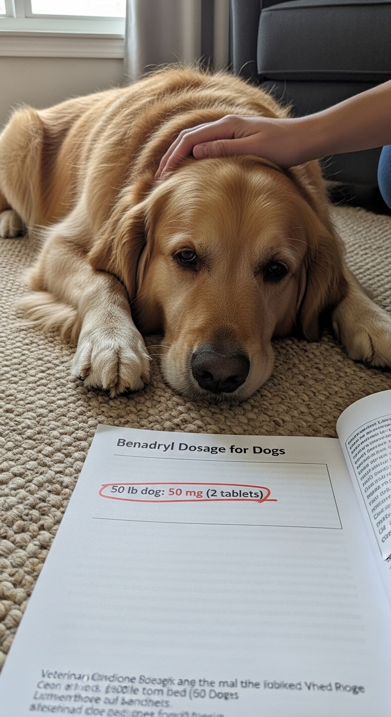 A book is open to a page about giving a dog 50 mg of Benadryl.