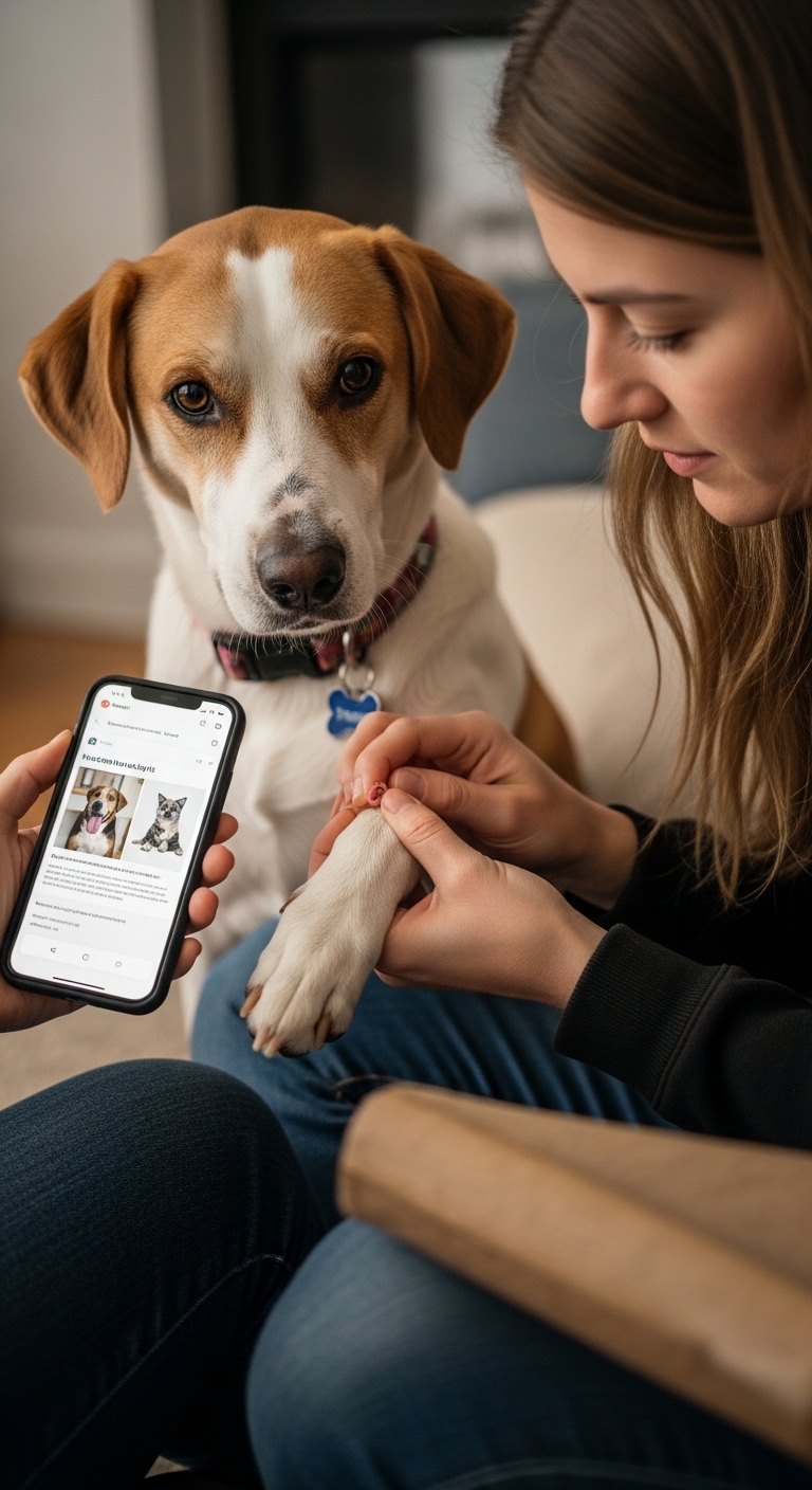 A person is holding a cell phone with a website about how much Benadryl to give a dog.