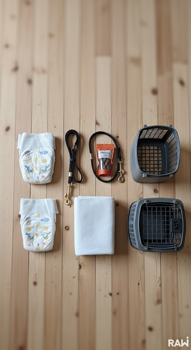 A dog's leash, a diaper, and a bag of dog food are all laid out on a table.