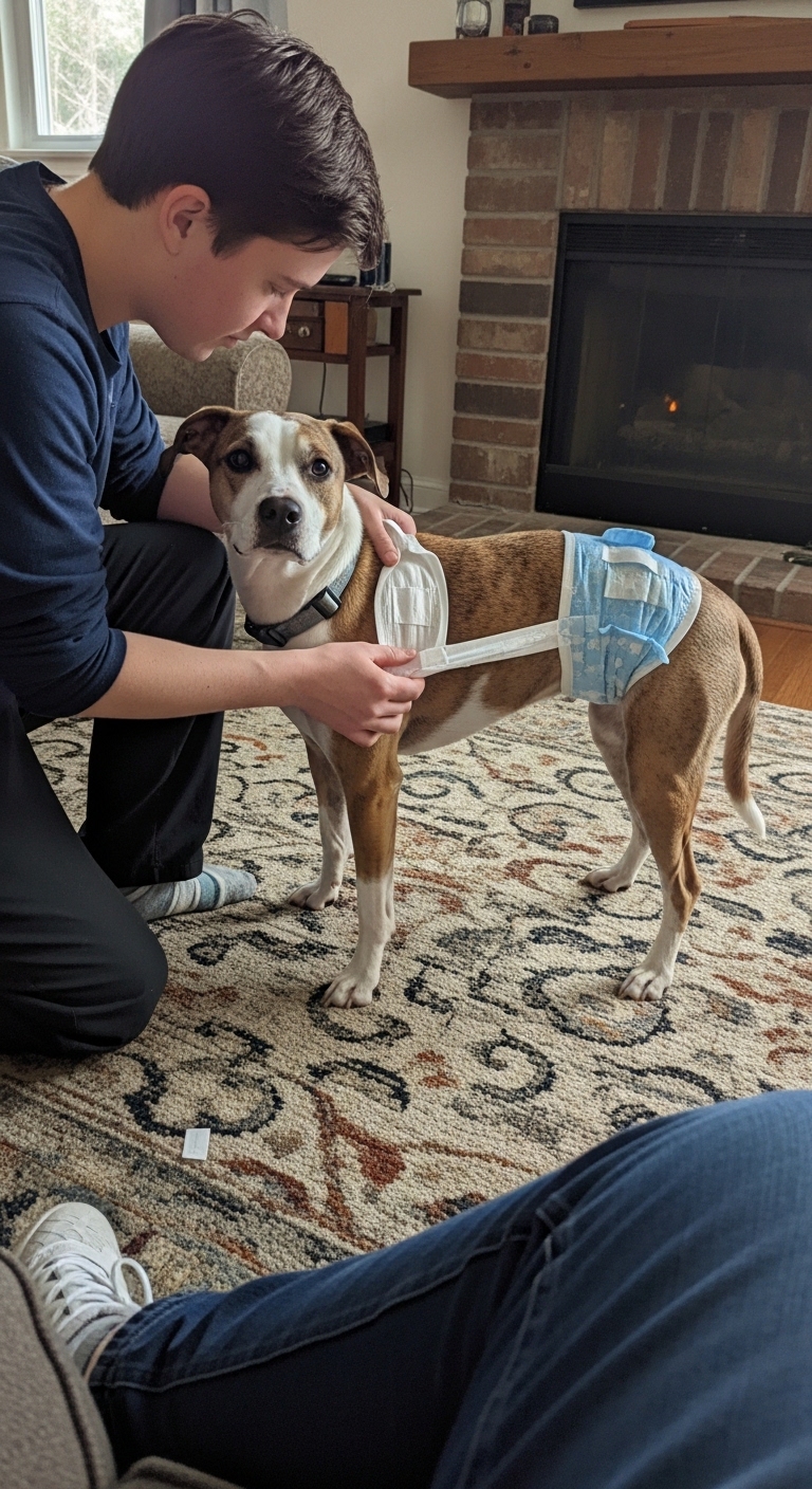 A dog wearing a diaper.