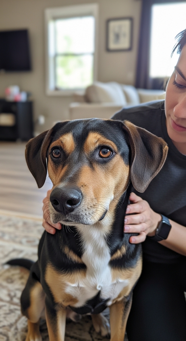 A dog is sitting on the floor next to a woman.