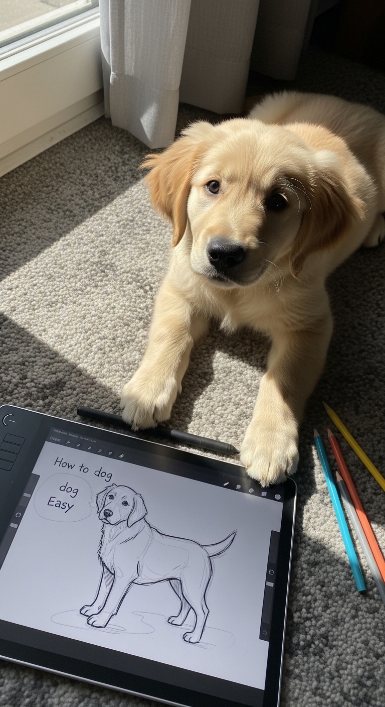 A dog is shown on a tablet screen with the words "how to draw a dog easy" written below it.