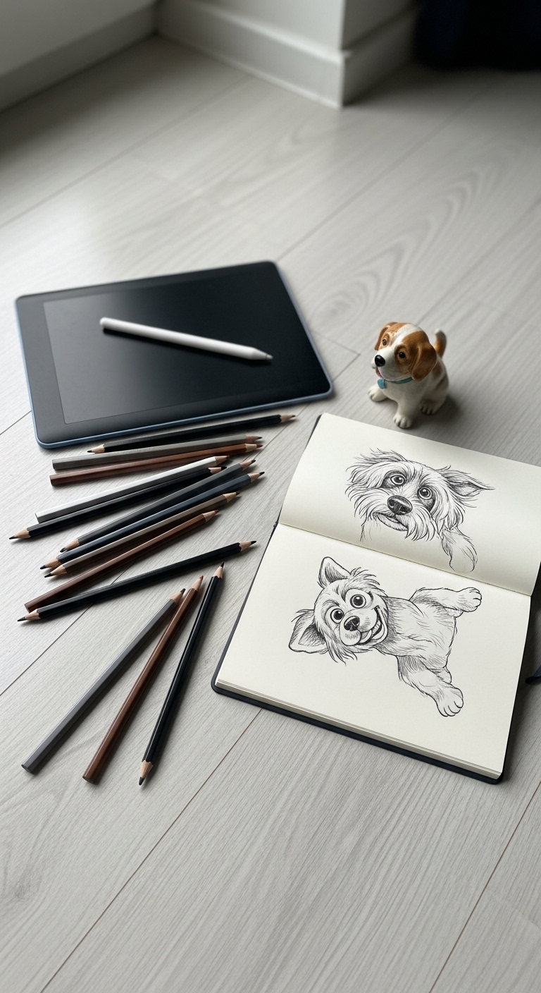 A drawing of a dog is on a table next to a tablet.