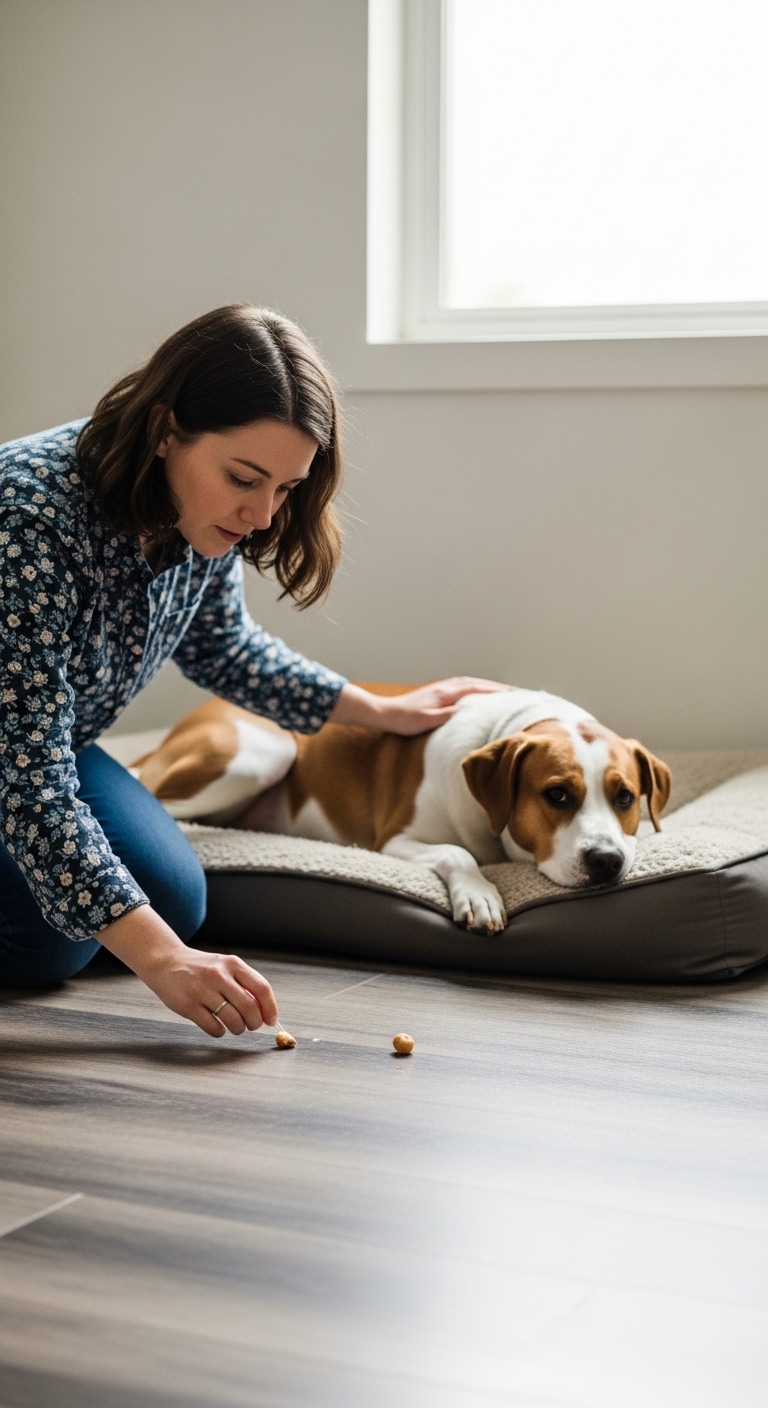 A woman is feeding a dog a small treat.