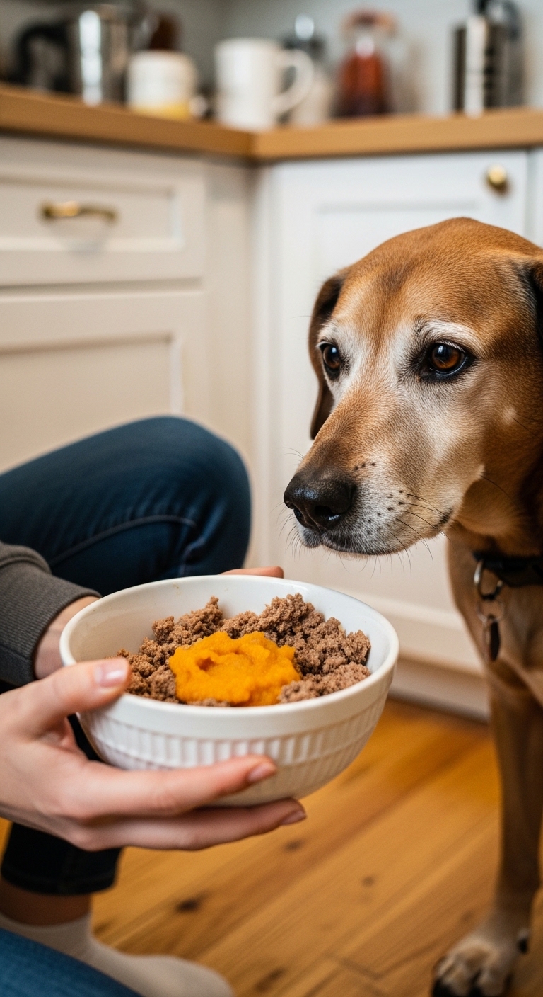 A dog eating food from a bowl.