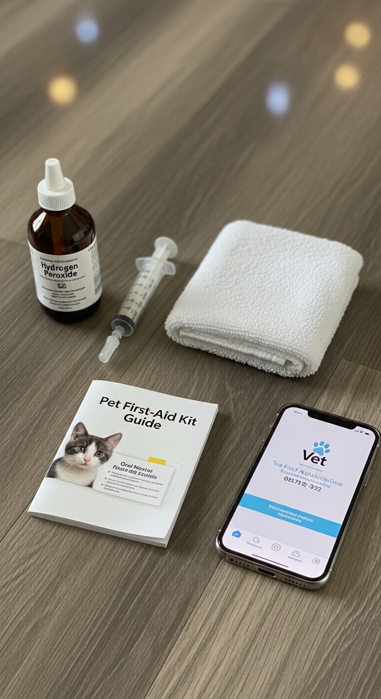 A book about pet first aid sits next to a phone.