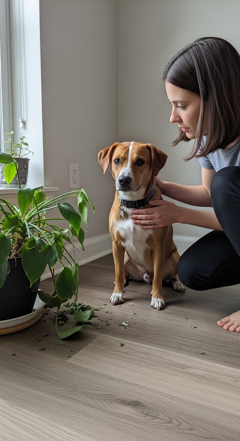 A woman is holding a dog that is throwing up.