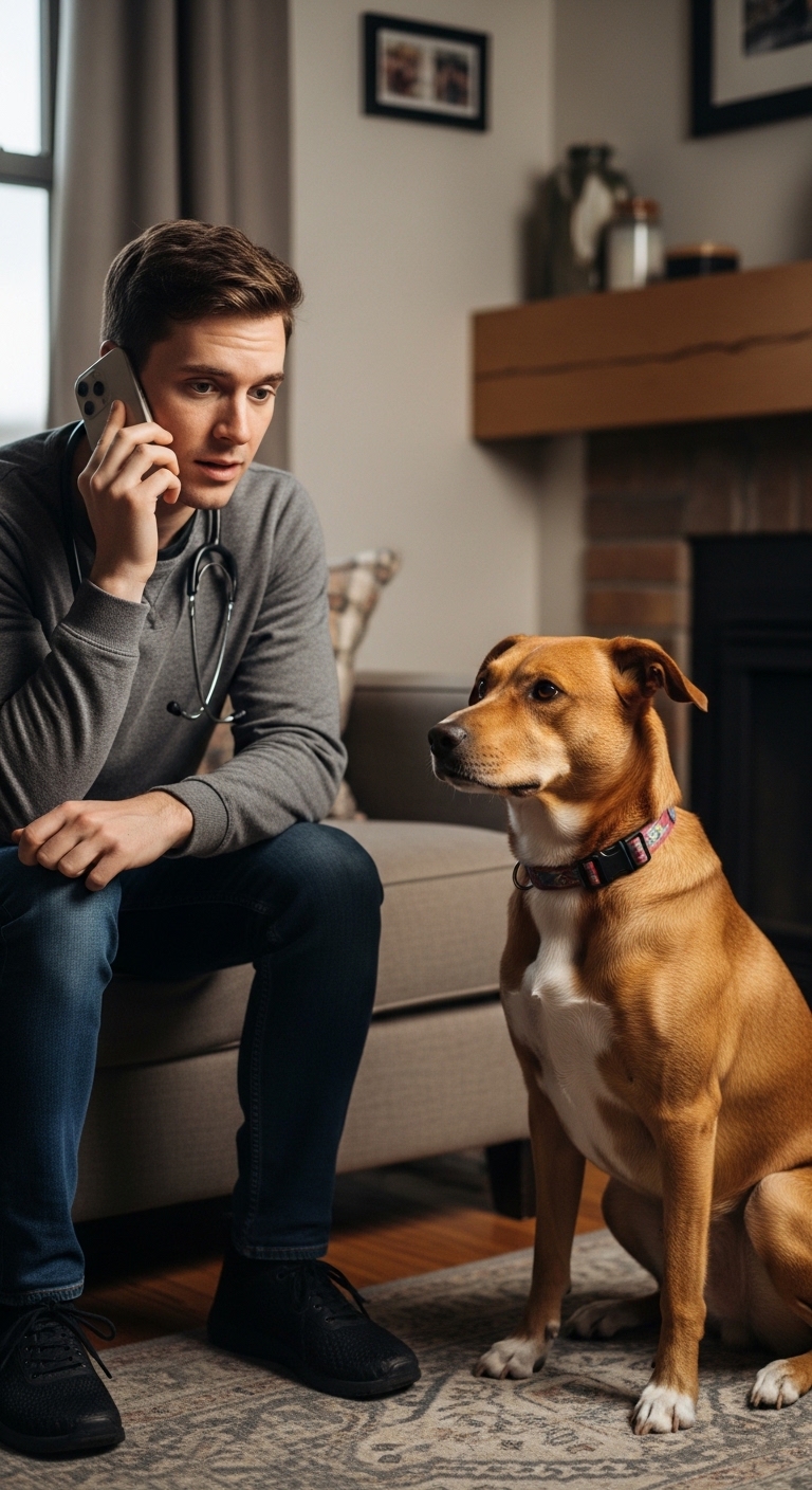 A man holding a phone talks to a dog.