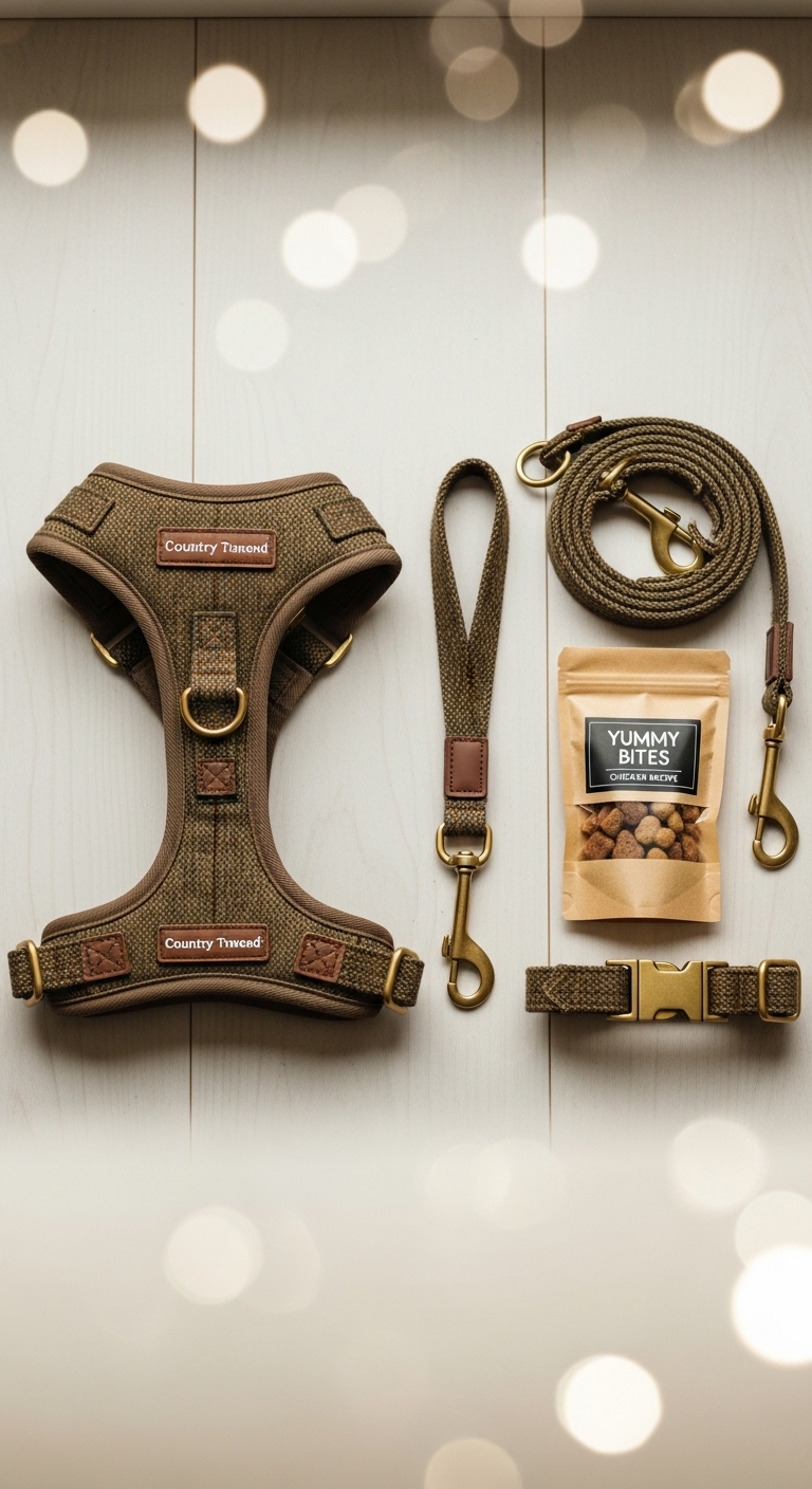 A brown dog harness with a bag of dog food.