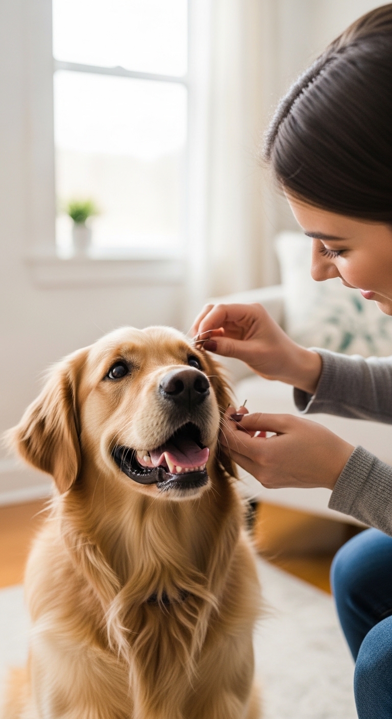 A woman is removing a tick from a dog.