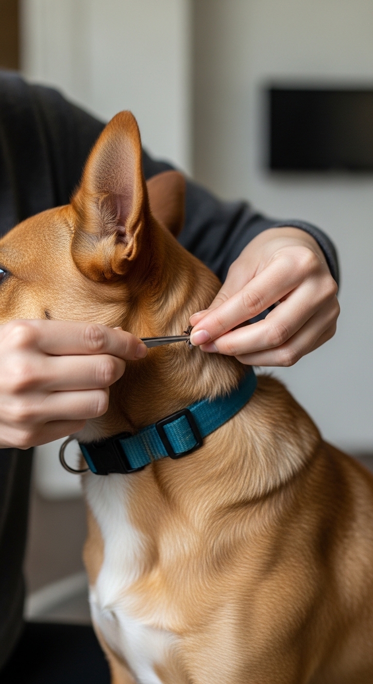 A person is grooming a dog by removing a tick.