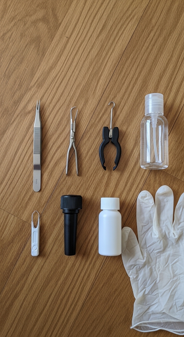 A collection of medical tools and supplies for removing a tick from a dog.