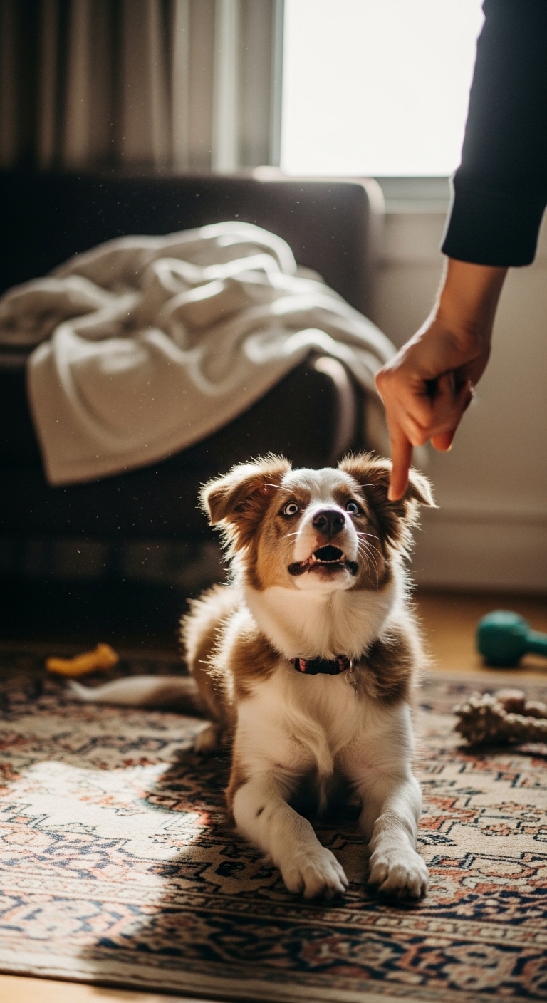 A person is pointing at a dog.