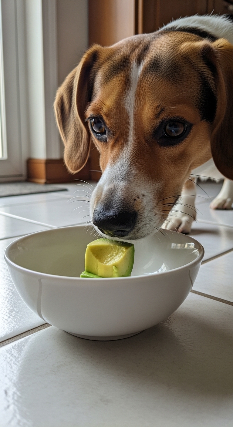 A dog eating an avocado.