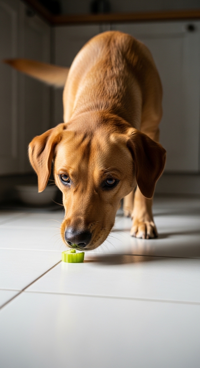 A dog eating a piece of celery.