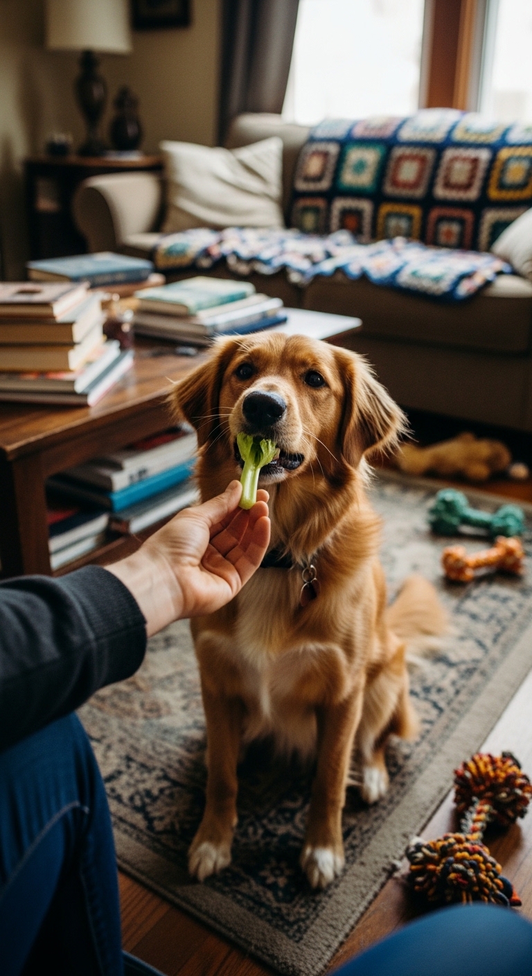A dog eating celery.