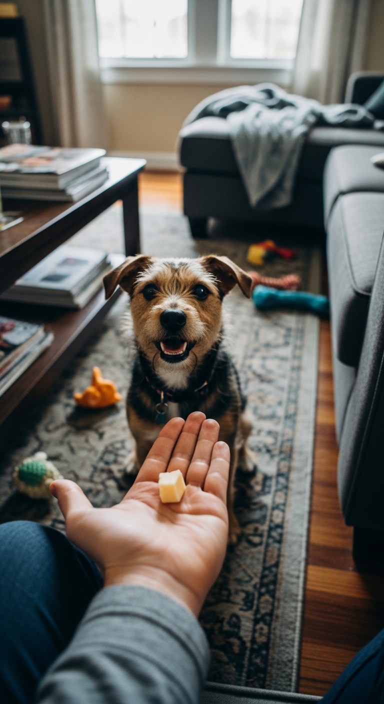 A dog is sitting on the floor and looking up at a person holding a piece of cheese.