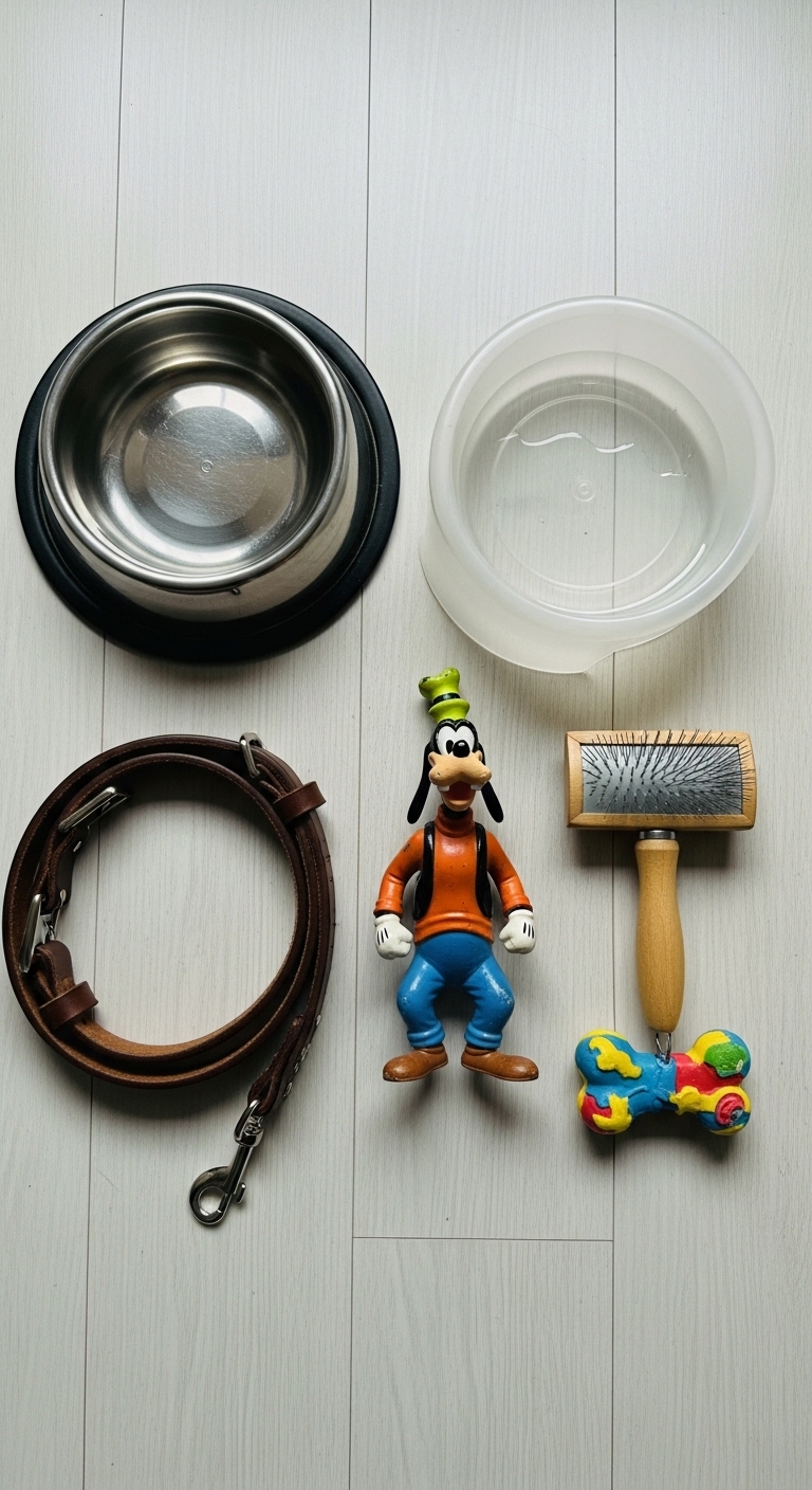 A toy dog is next to a toy brush.