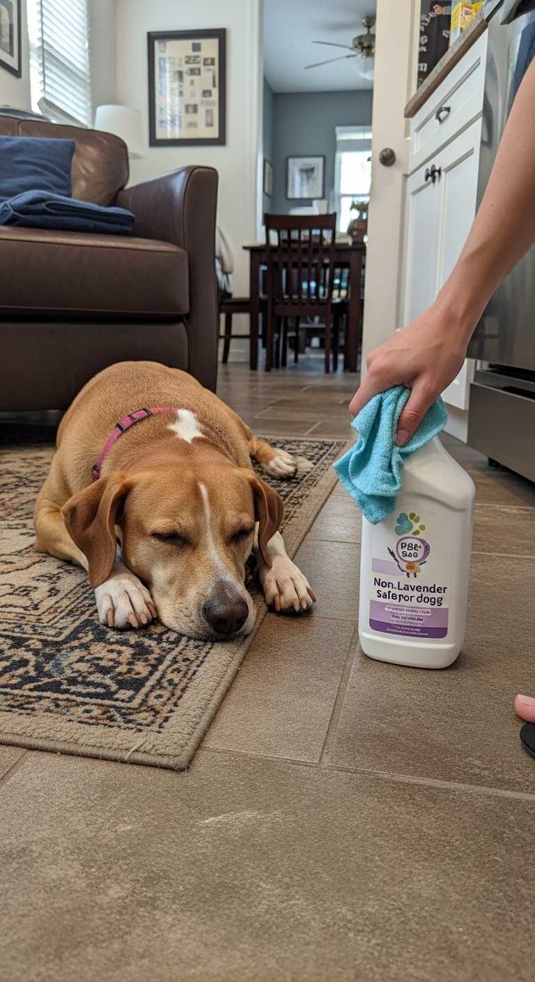 A dog is laying on the floor next to a bottle of lavender oil.