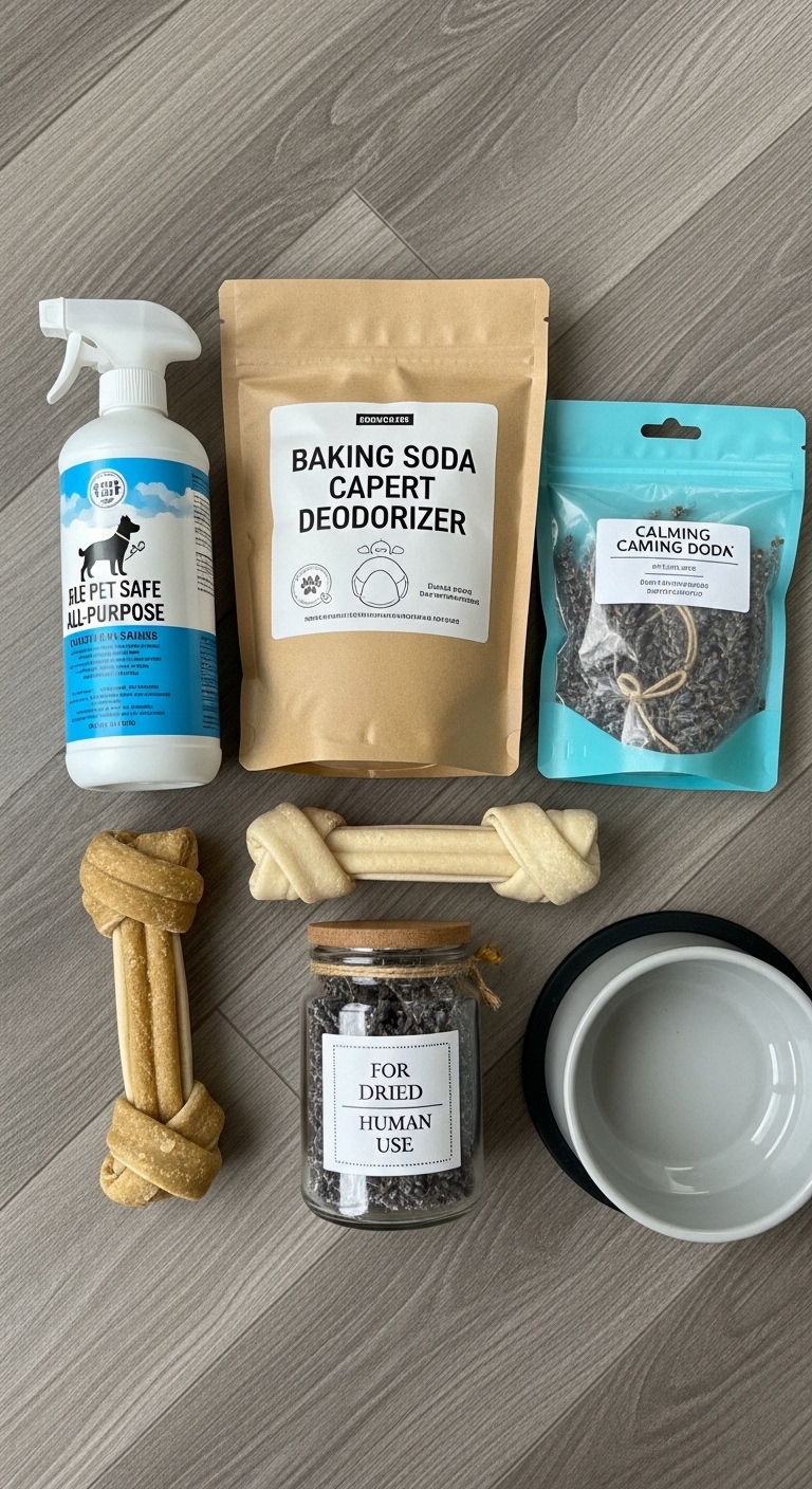 A collection of dog products, including a bottle of baking soda, a bag of deodorizer, and a bag of lavender.
