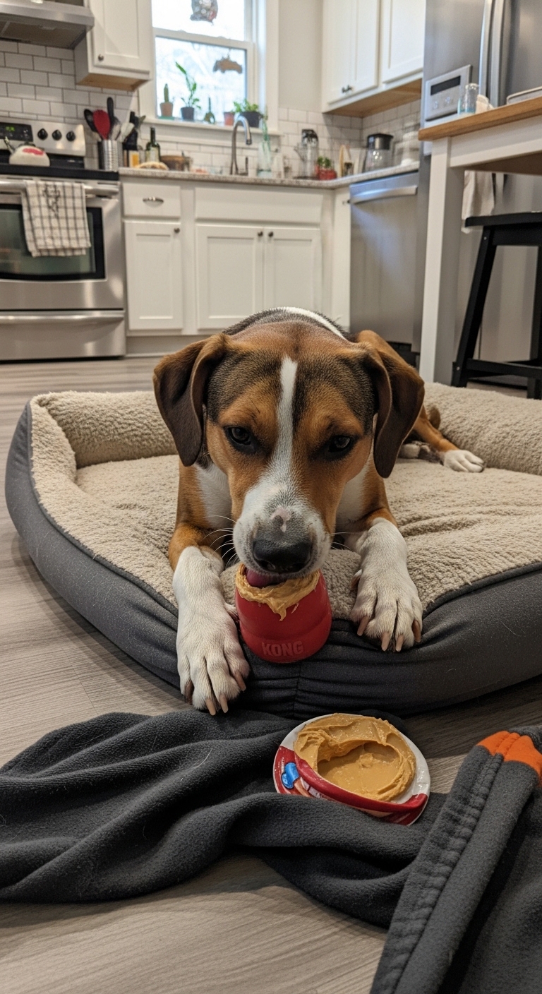 A dog is licking a peanut butter jar.