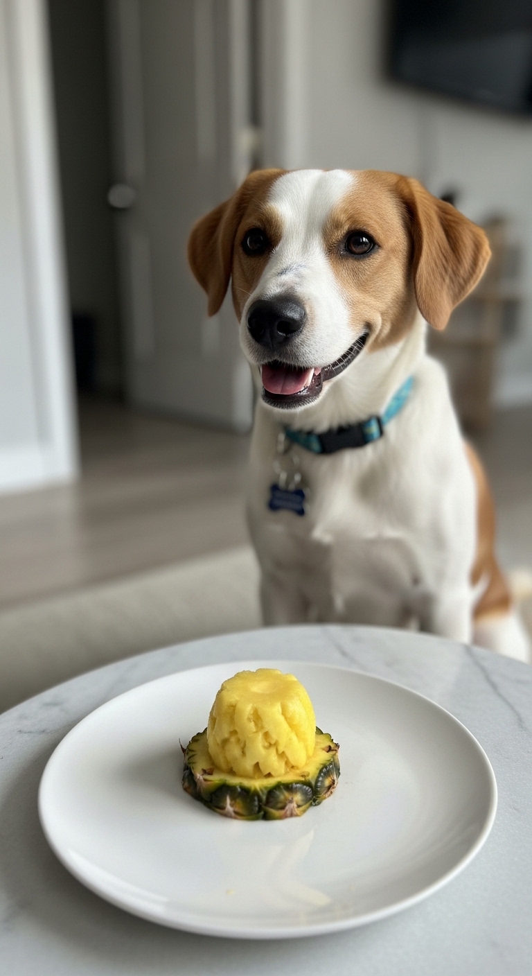 A dog is sitting in front of a plate of food.