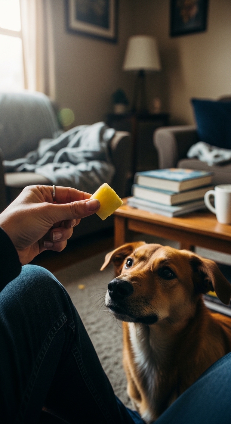 A person is feeding a dog a piece of pineapple.