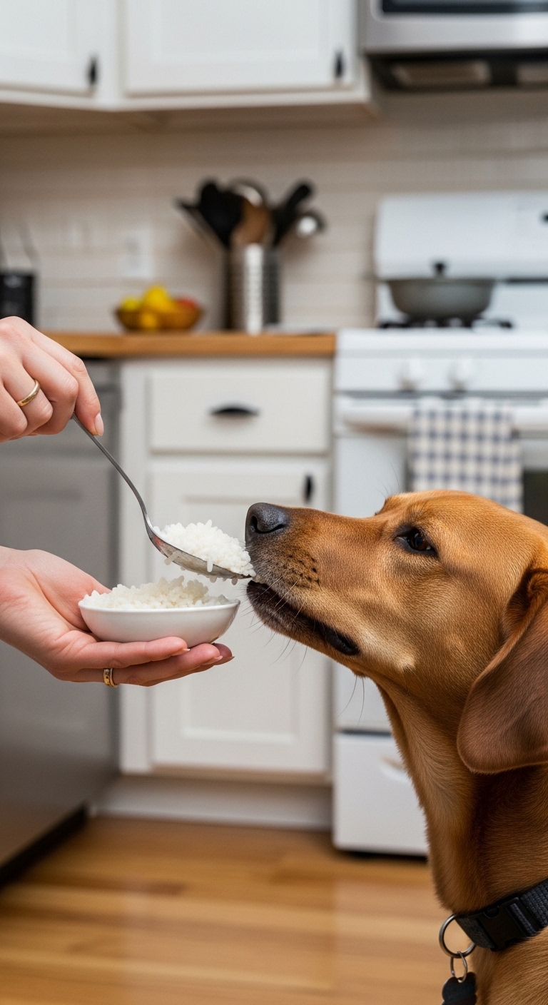 A dog eating rice from a bowl.