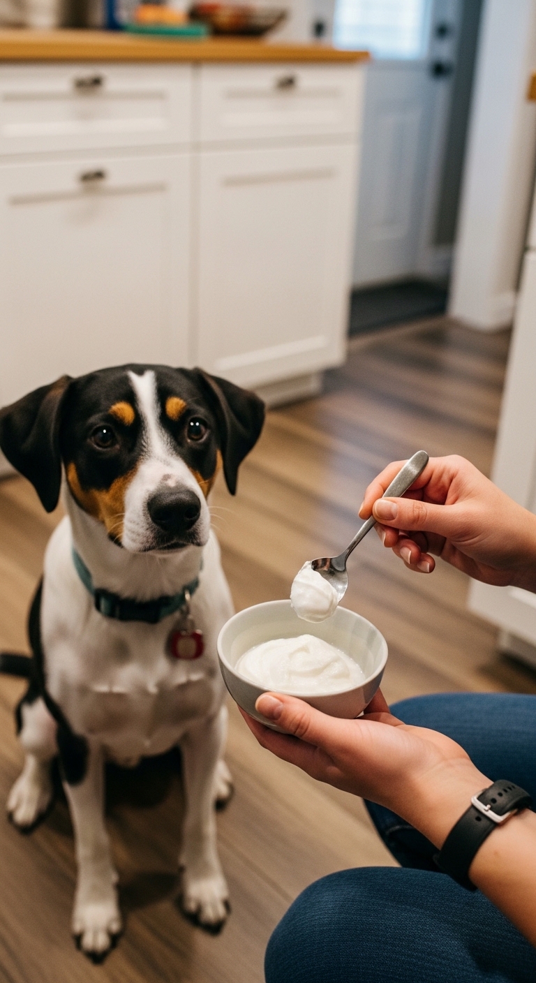 A person is feeding a dog yogurt.