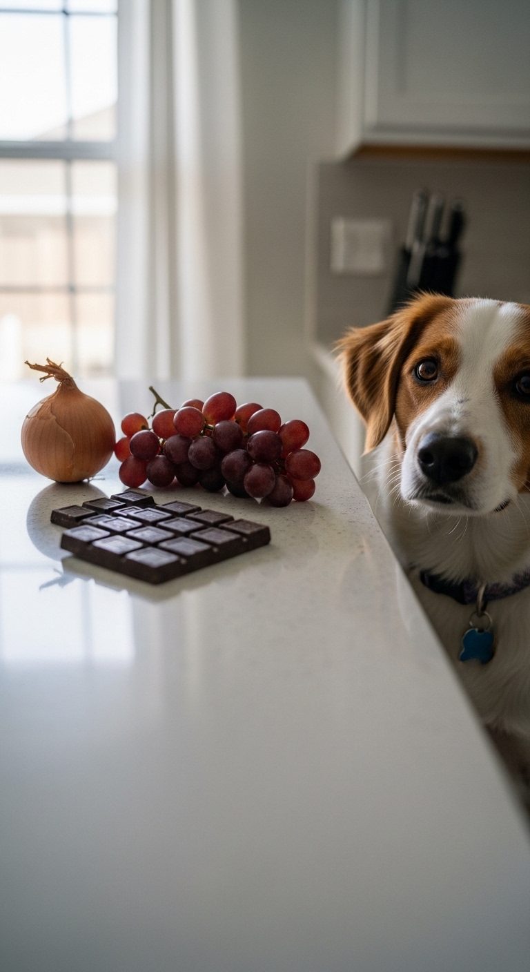 A dog looking at a chocolate bar and grapes.