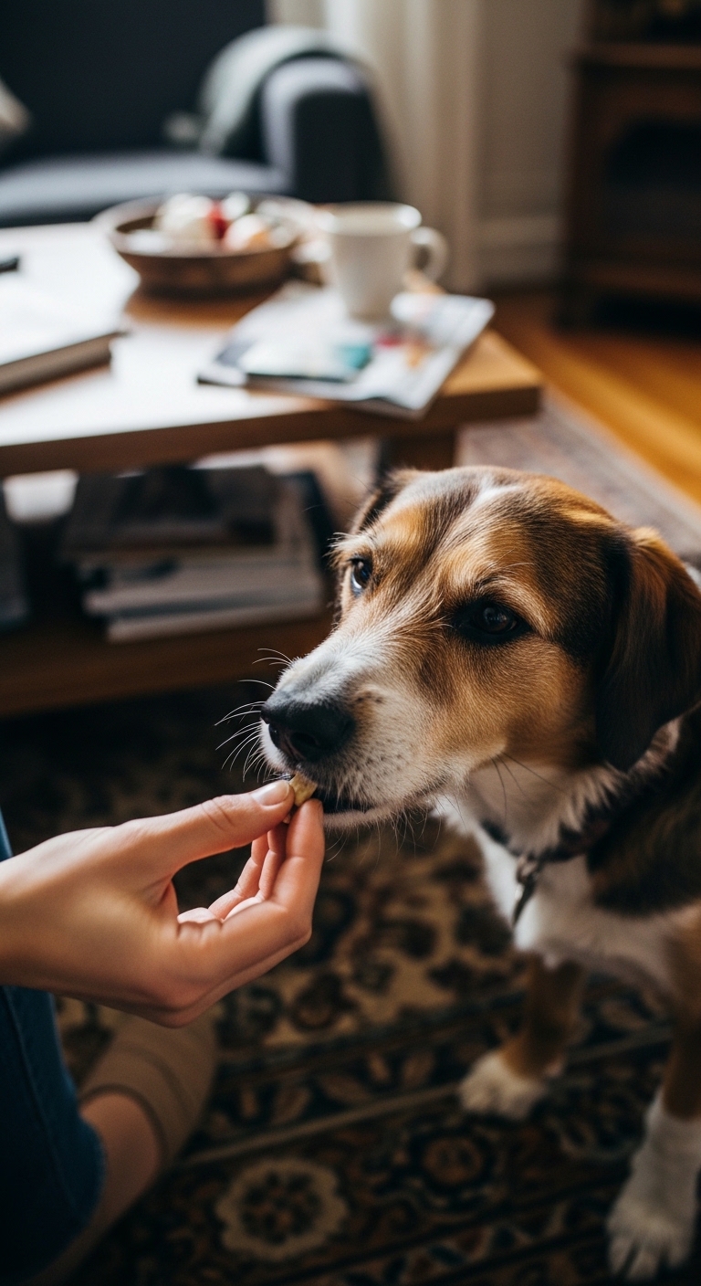 A person is feeding a dog a pill.