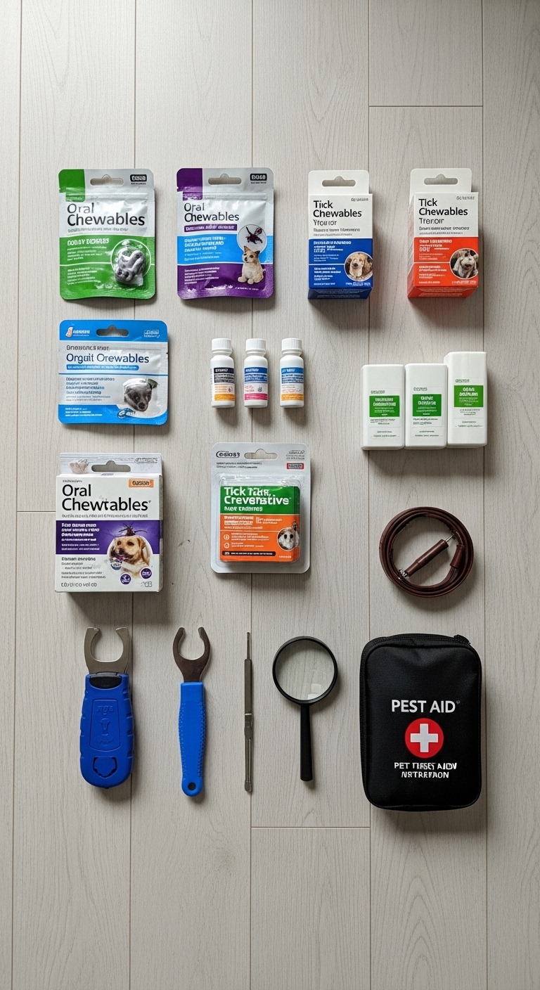 A collection of dog care items including a tick remover.