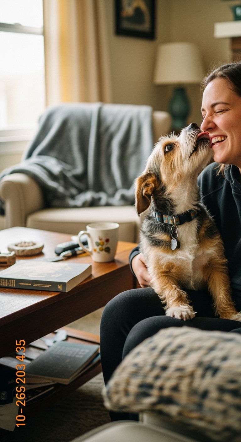 A woman is being licked by a dog.