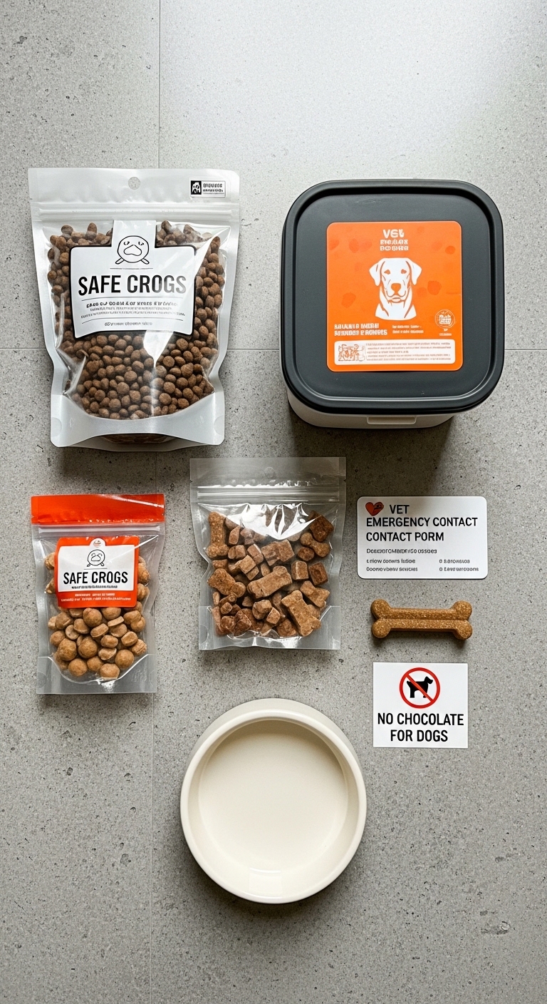 A dog food bag and a chocolate bar are on a table.