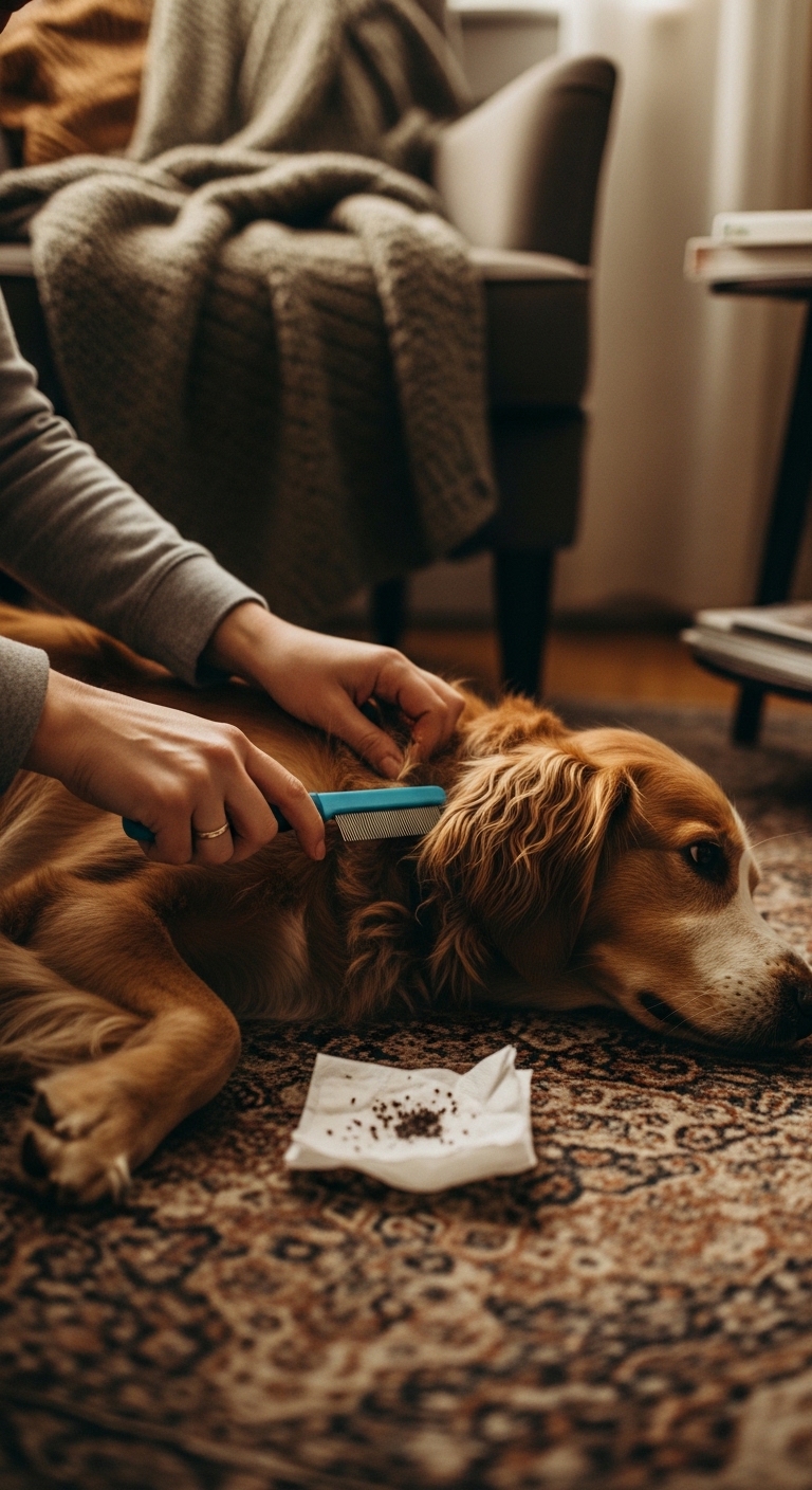 A dog is groomed with a blue comb.