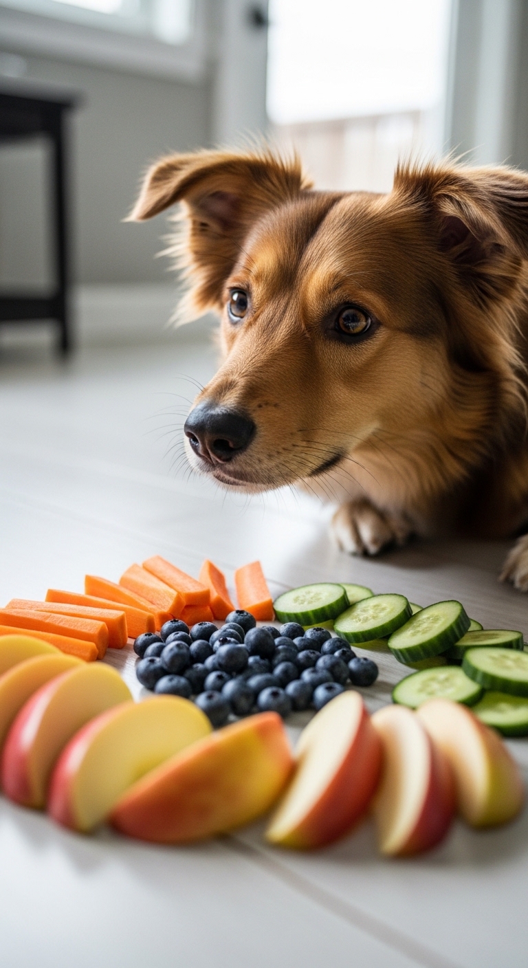 A dog is looking at a plate of vegetables.