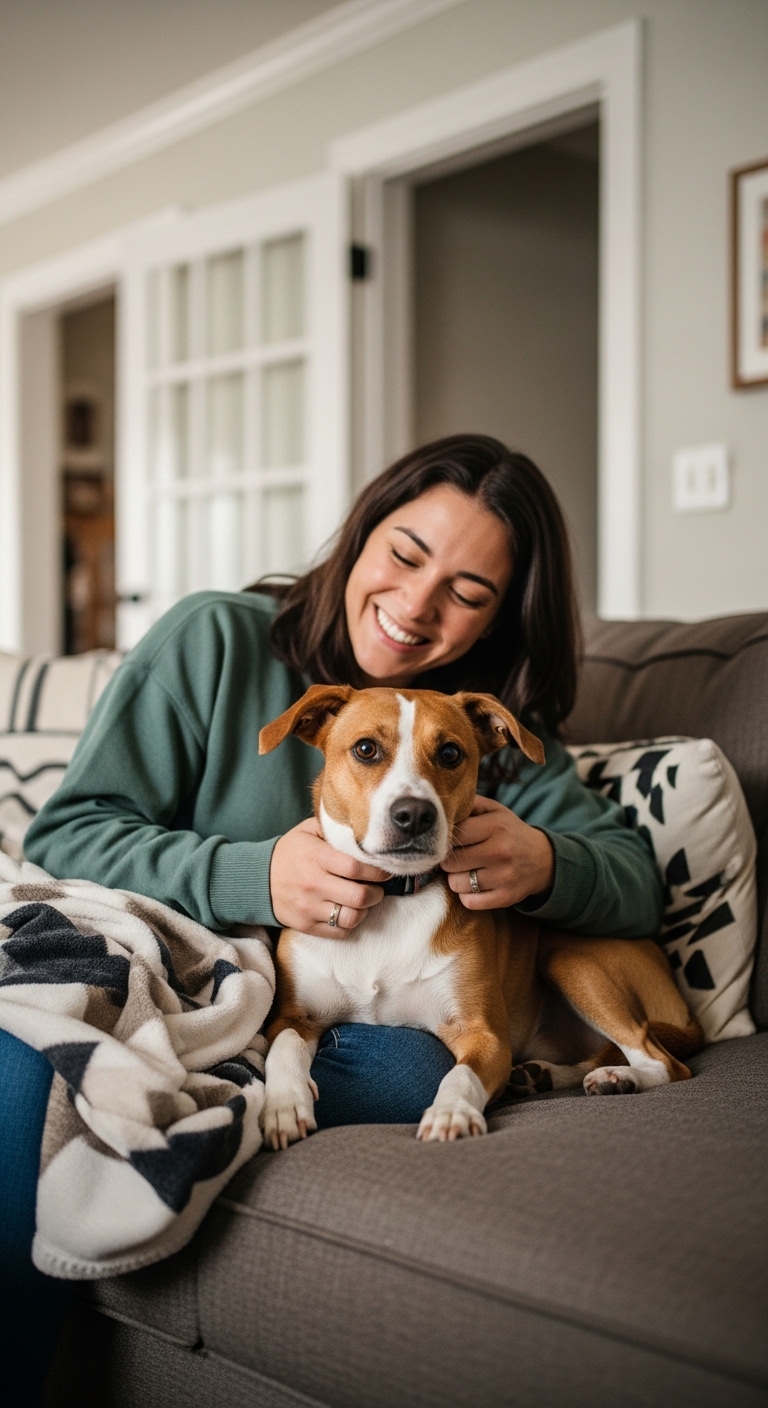 A woman is holding a dog on her lap.