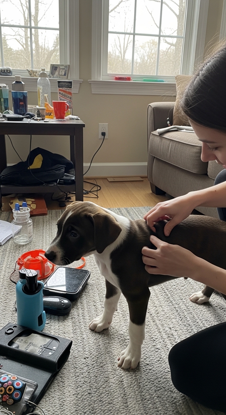 A woman is petting a dog that is not fully grown.