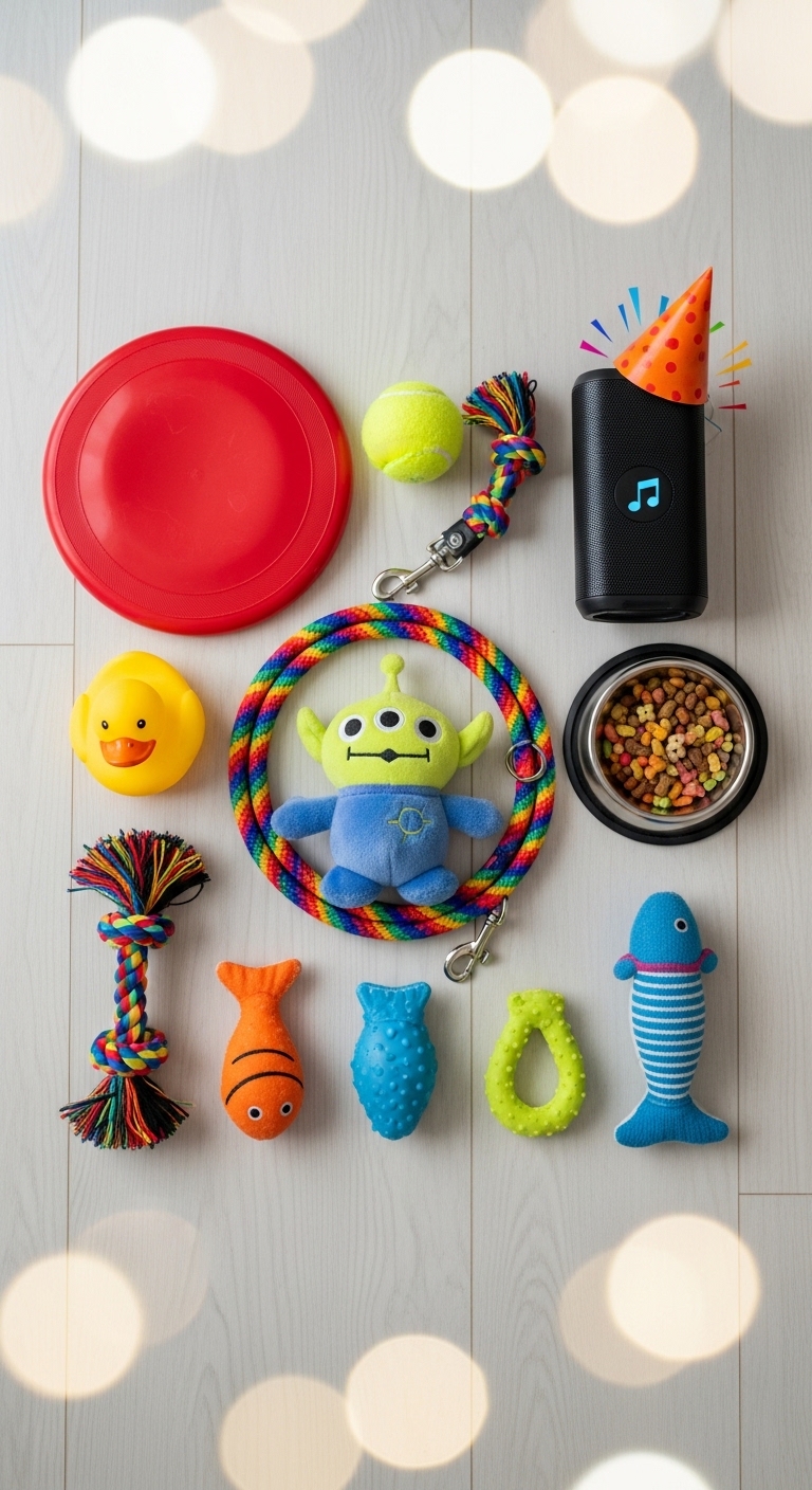 A collection of toys and items including a stuffed animal, a toy fish, a toy ball, a toy cup, and a toy spoon.