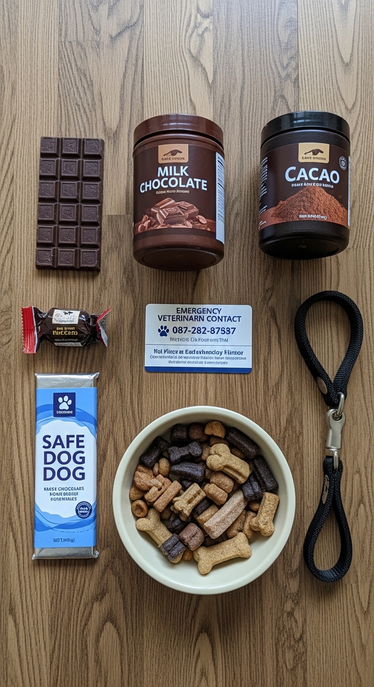 A bowl of dog food sits next to a chocolate bar.