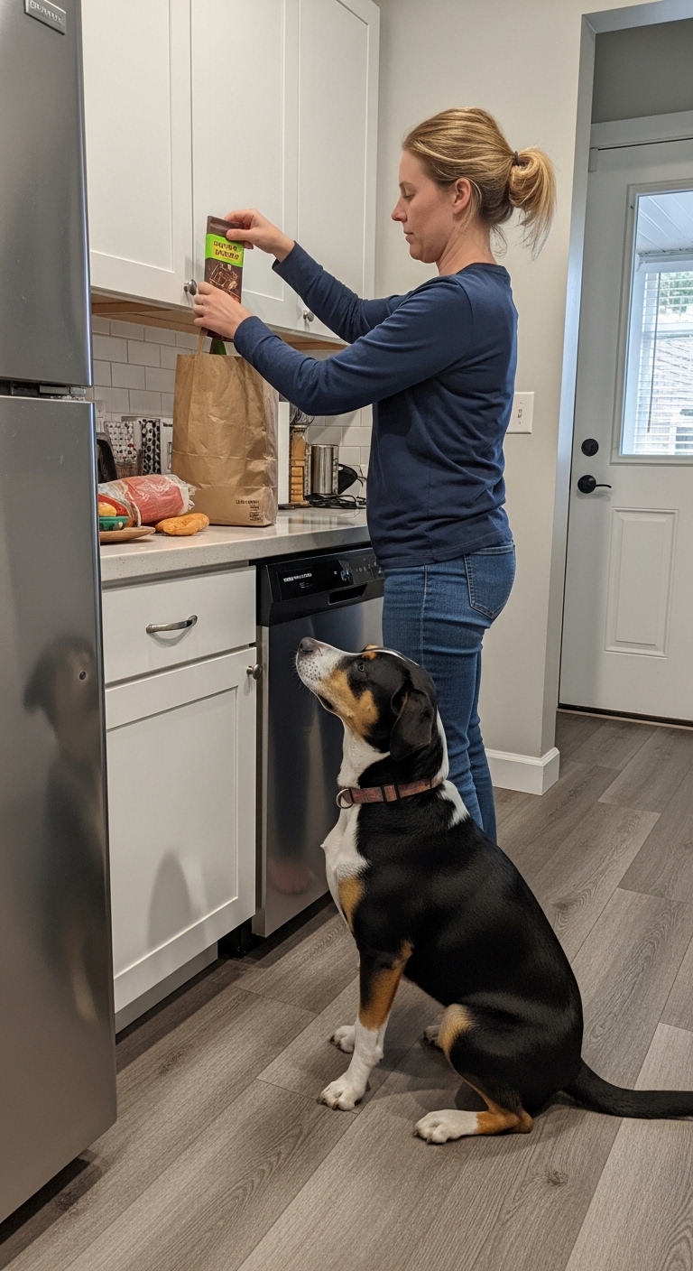 A woman is holding a bottle of wine while her dog looks on.