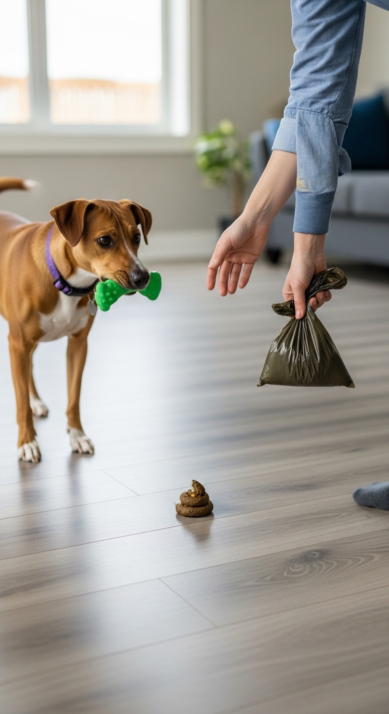 A dog with a green toy in its mouth.