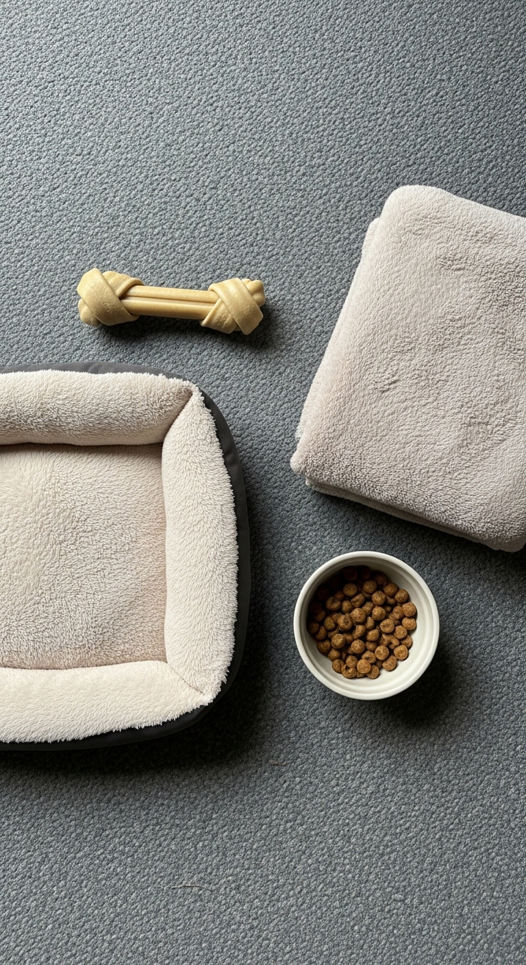 A dog bed with a toy and a bowl of food.