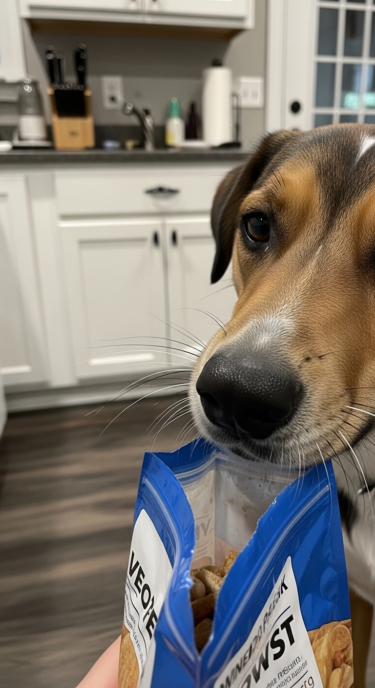 A dog with a blue collar holding a bag of chips.
