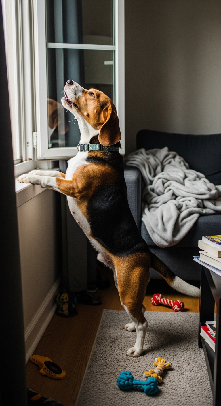 A dog howling at the window.