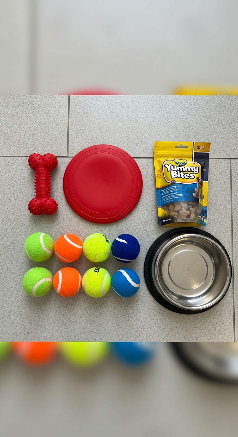 A collection of tennis balls and a bag of dog treats.