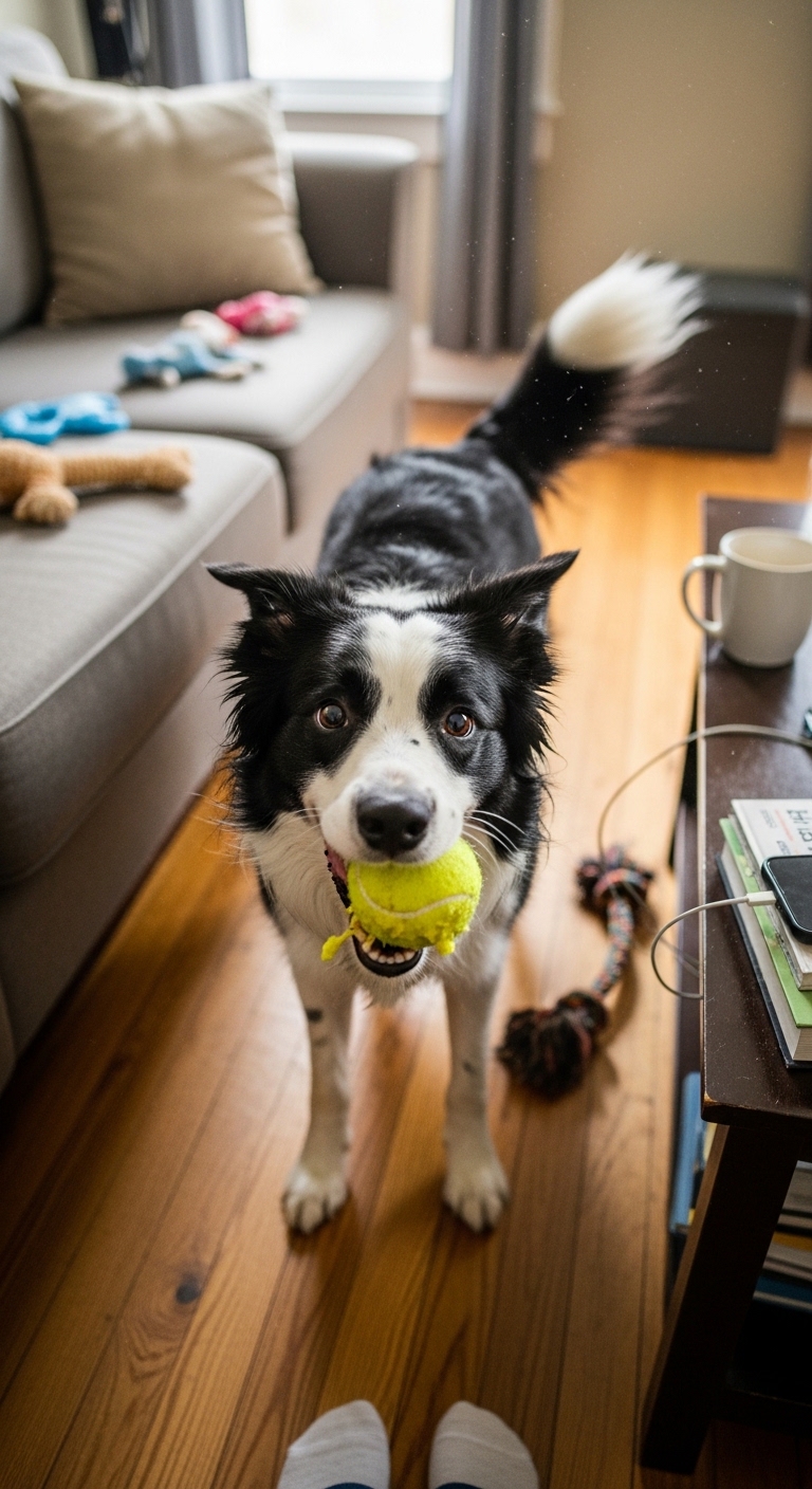 A black and white dog holding a tennis ball.