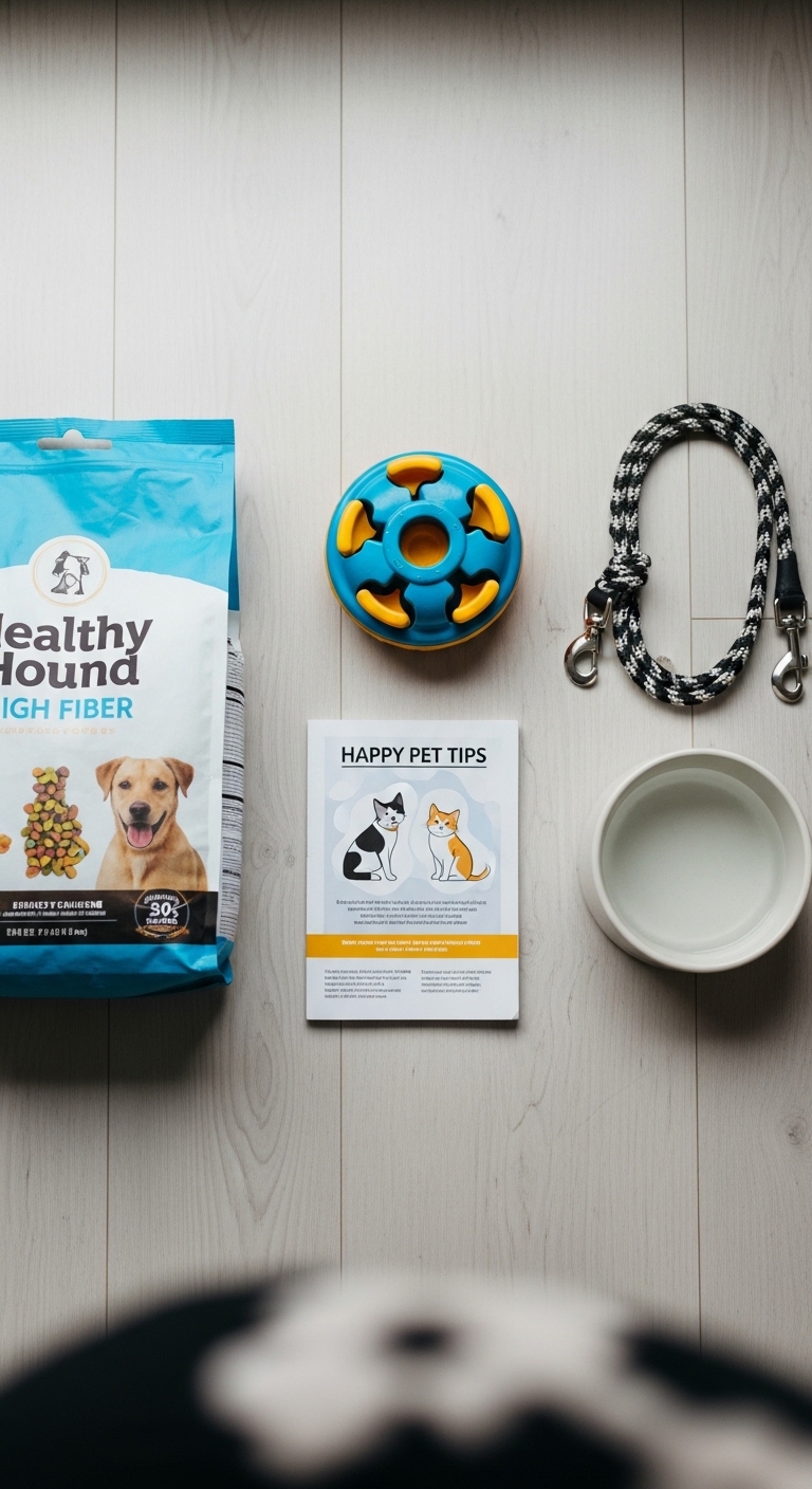 A dog food bag and a toy are on a table.